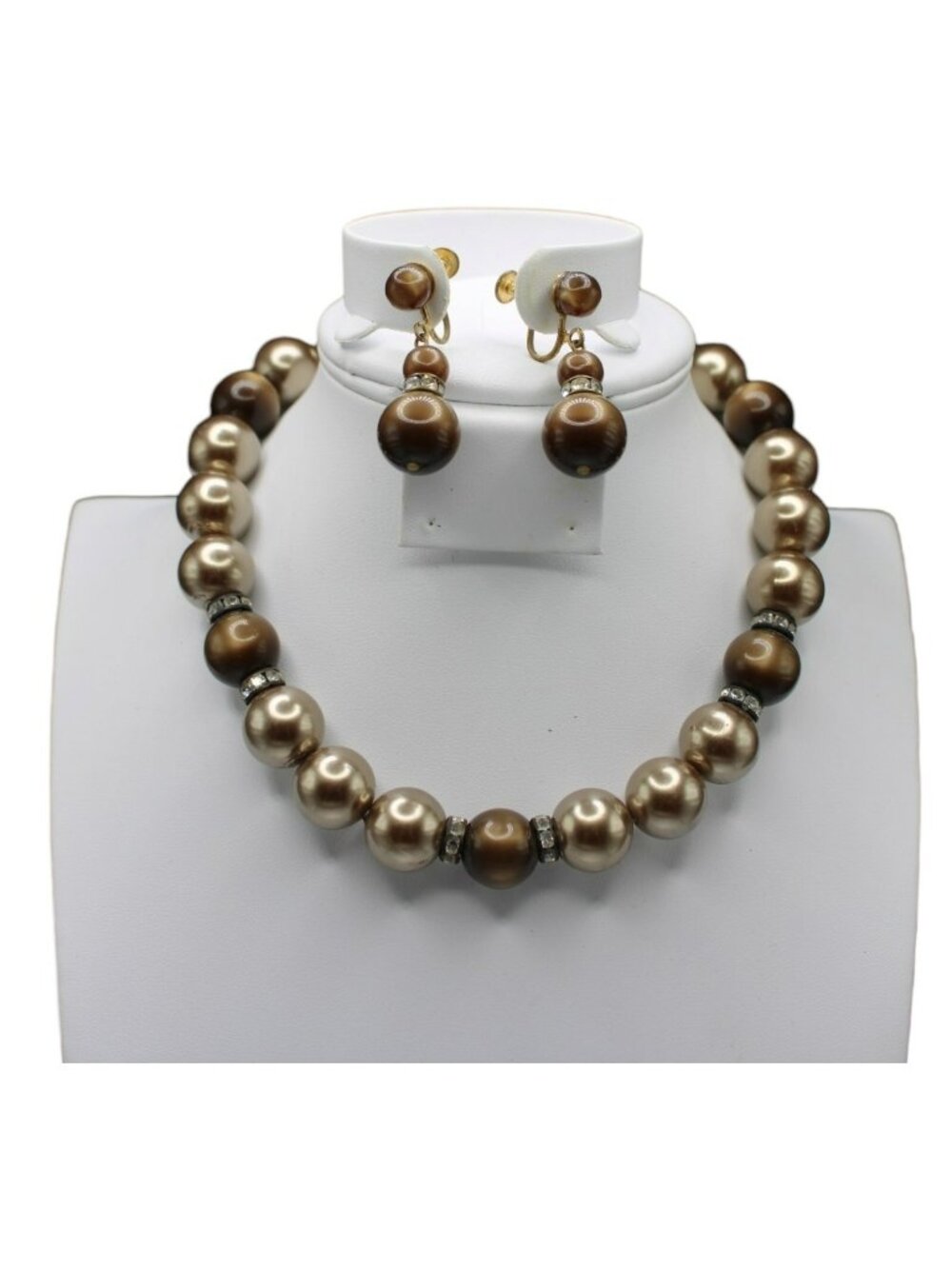 Vtg Japan Demi Parure Mocha Thermoset Lucite Goldtone Bead Rhinestone Jewelry